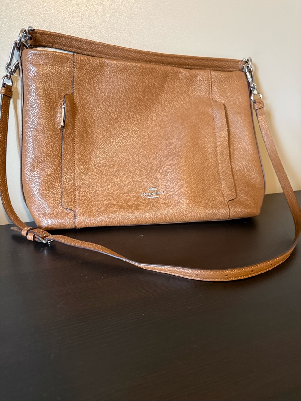 Coach Tan Pebbled Leather Shoulder Bag with Silver Hardware
